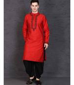 Red raw silk kurta with Dhoti