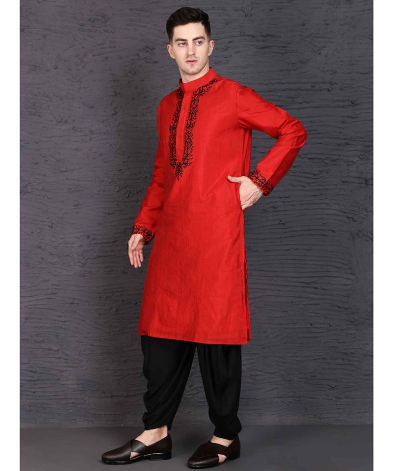 Red raw silk kurta with Dhoti