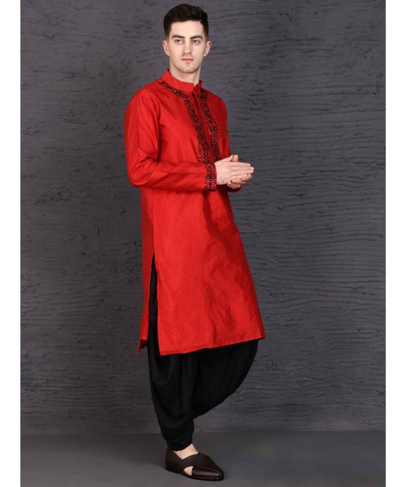 Red raw silk kurta with Dhoti