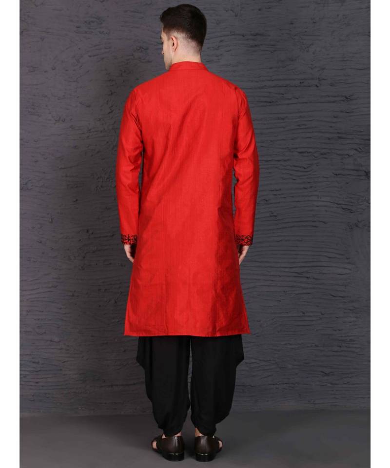 Red raw silk kurta with Dhoti