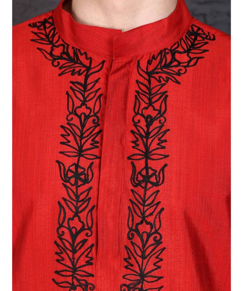 Red raw silk kurta with Dhoti