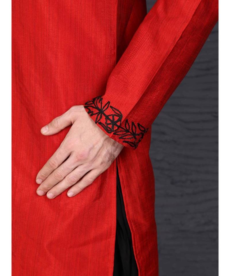 Red raw silk kurta with Dhoti