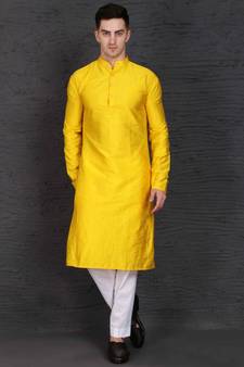 Yellow raw silk kurta with Slim Fit Pant