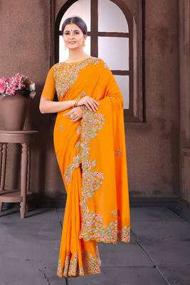 Mustard embroidered fancy fabric saree with blouse 1
