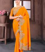 Mustard embroidered fancy fabric saree with blouse