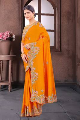 Mustard embroidered fancy fabric saree with blouse 3
