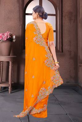 Mustard embroidered fancy fabric saree with blouse 4