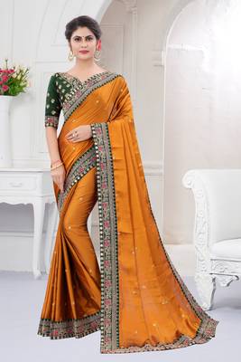 Yellow embroidered fancy fabric saree with blouse 2