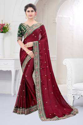 Maroon embroidered fancy fabric saree with blouse 1