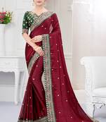 Maroon embroidered fancy fabric saree with blouse