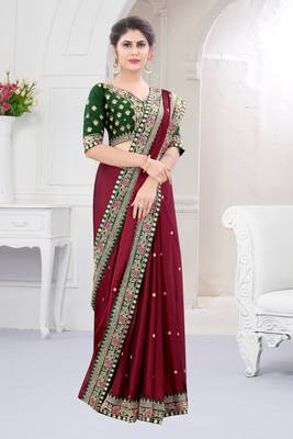 Maroon embroidered fancy fabric saree with blouse 3