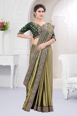 Dark green embroidered fancy fabric saree with blouse 3