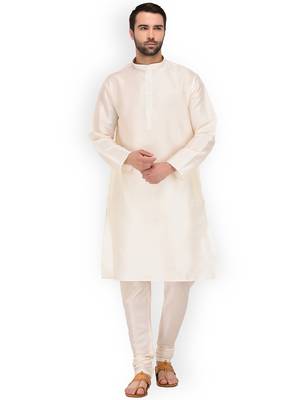 Cream MENS SOLID SILK KURTA PYJAMA 1