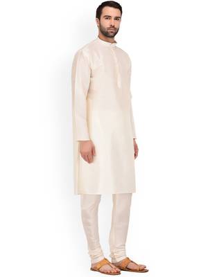 Cream MENS SOLID SILK KURTA PYJAMA 3