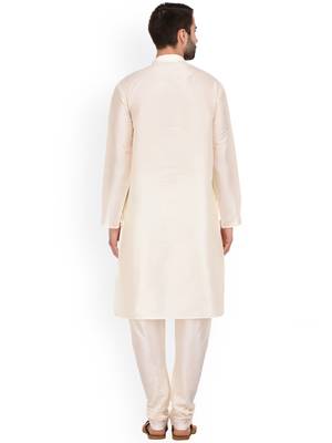 Cream MENS SOLID SILK KURTA PYJAMA 4