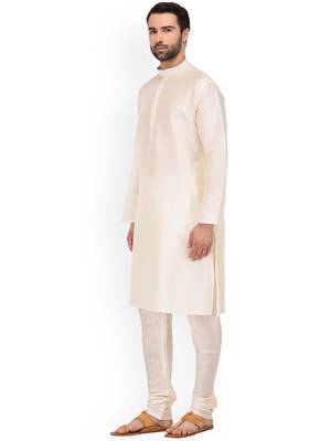 Cream MENS SOLID SILK KURTA PYJAMA 5