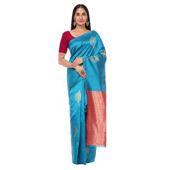 Litchi Silk Firozi Color Jacquard Banarasi Saree 1