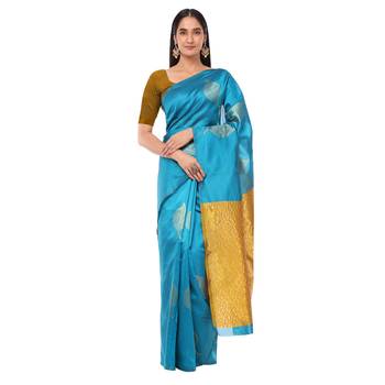 Litchi Silk Firozi Color Jacquard Banarasi Saree 1