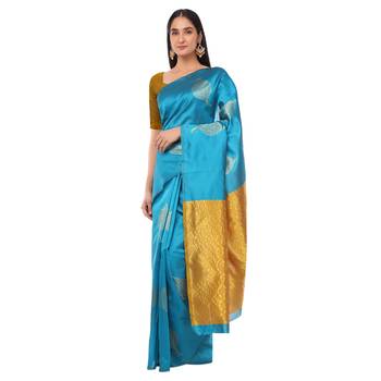 Litchi Silk Firozi Color Jacquard Banarasi Saree 2