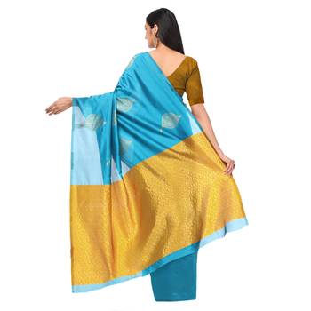 Litchi Silk Firozi Color Jacquard Banarasi Saree 3