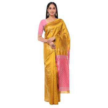 Litchi Silk Mustard Color Jacquard Banarasi Saree 1