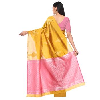 Litchi Silk Mustard Color Jacquard Banarasi Saree 3