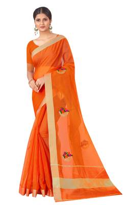 Cotton Silk Orange Color Embroidered Chanderi Saree 1