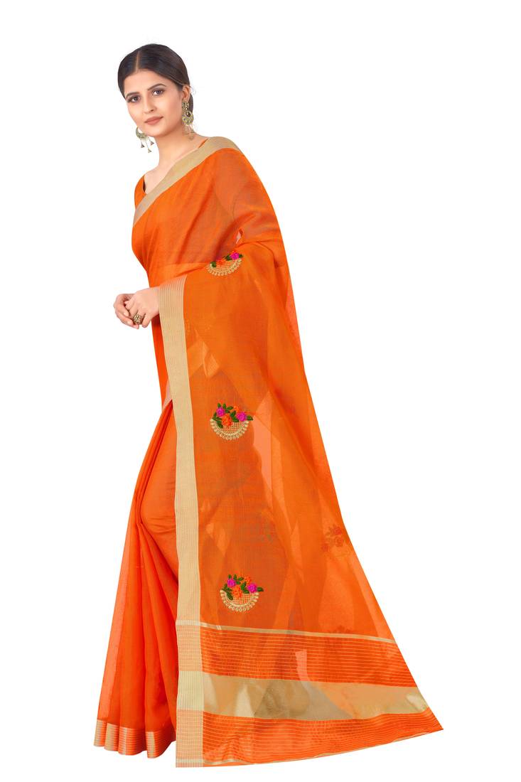 Cotton Silk Orange Color Embroidered Chanderi Saree