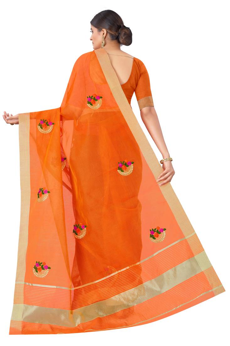 Cotton Silk Orange Color Embroidered Chanderi Saree