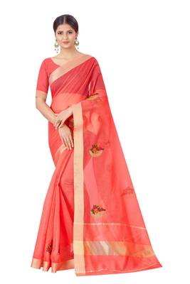 Cotton Silk Peach Color Embroidered Chanderi Saree 1