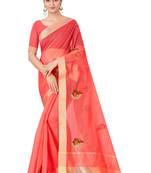 Cotton Silk Peach Color Embroidered Chanderi Saree