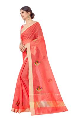 Cotton Silk Peach Color Embroidered Chanderi Saree 2
