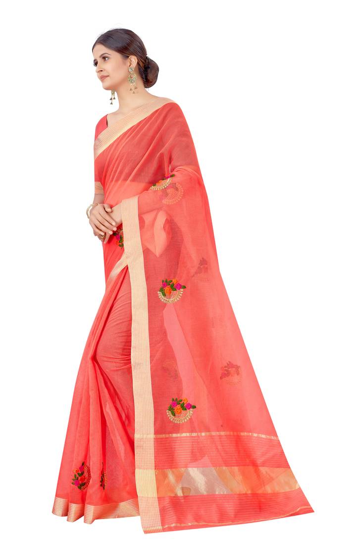 Cotton Silk Peach Color Embroidered Chanderi Saree