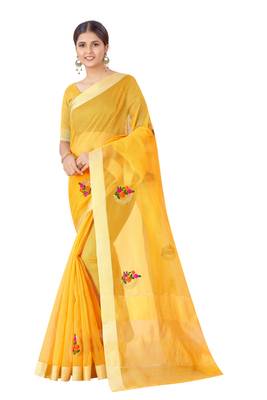Cotton Silk Yellow Color Embroidered Chanderi Saree 1