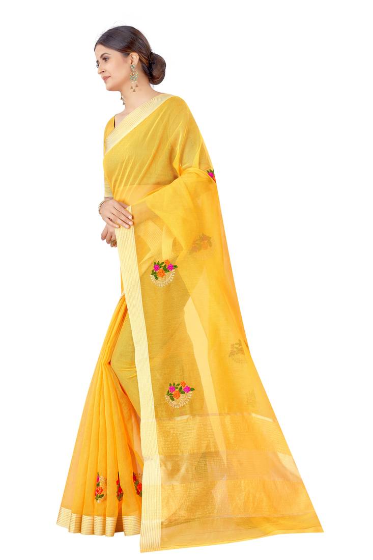 Cotton Silk Yellow Color Embroidered Chanderi Saree