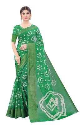 Cotton Silk Green Color Printed Bandhani Saree 1