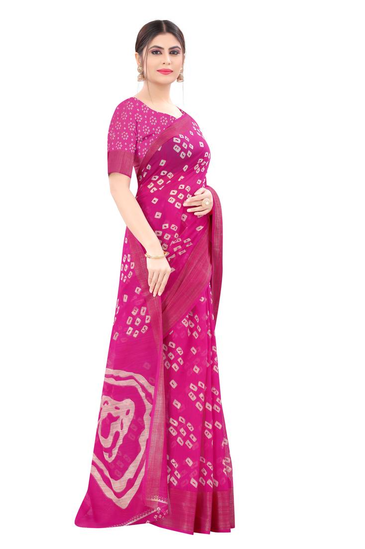 Cotton Silk Pink Color Printed Bandhani Saree