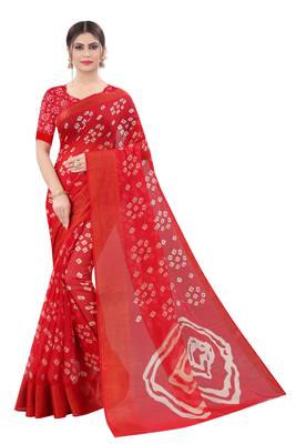 Cotton Silk Red Color Printed Bandhani Saree 1
