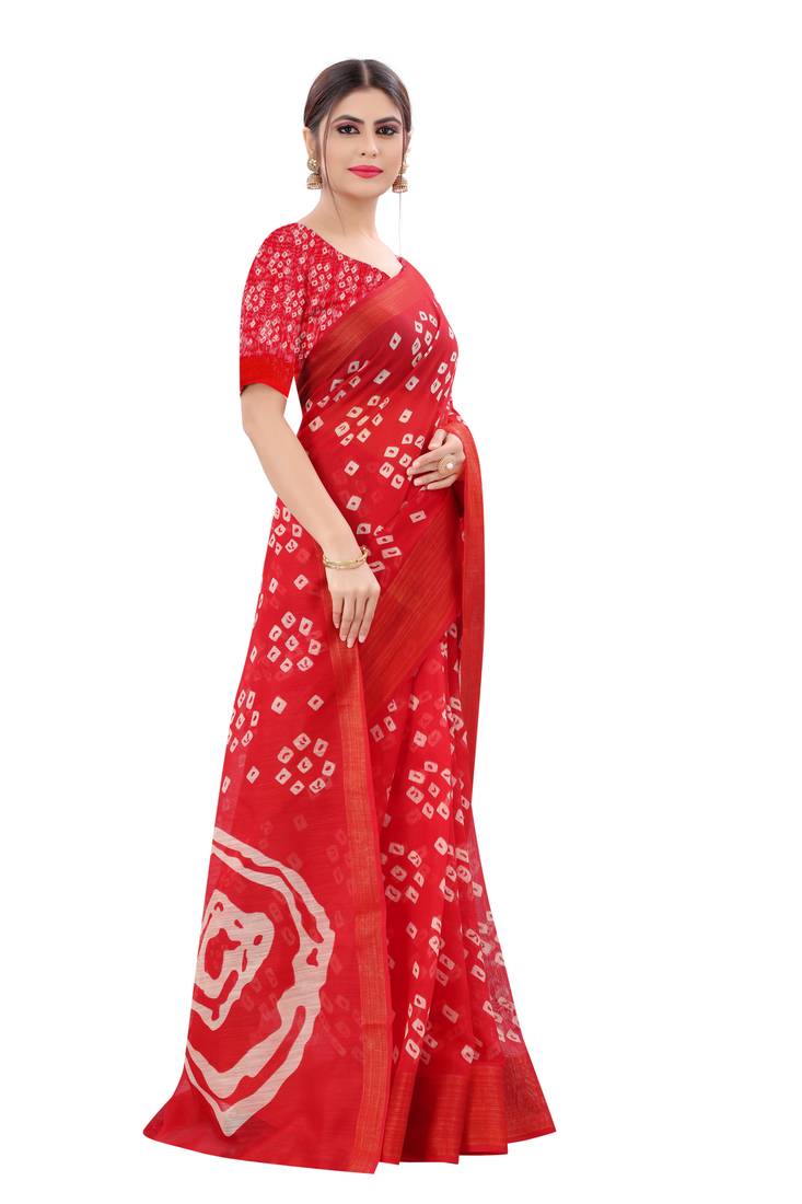 Cotton Silk Red Color Printed Bandhani Saree