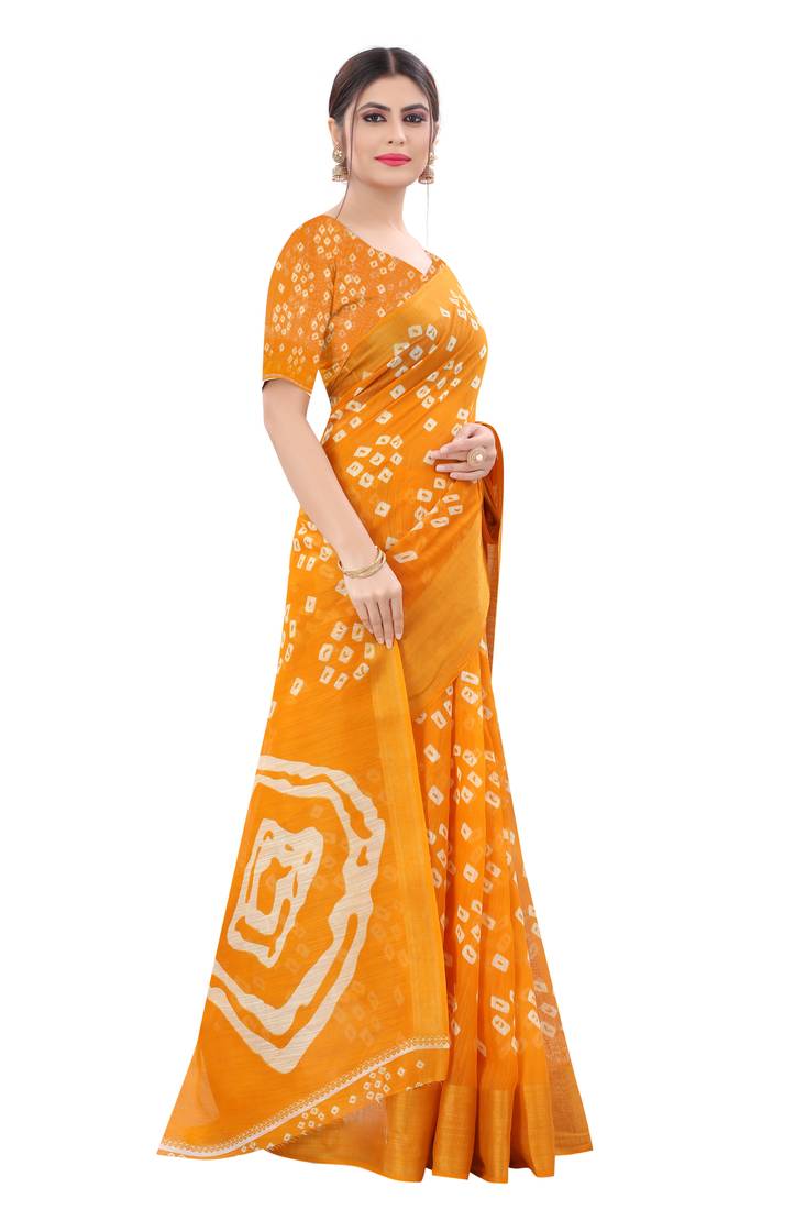 Cotton Silk Yellow Color Printed Bandhani Saree