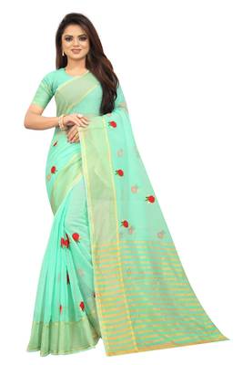 Kota Doria Blue Color Embroidered Kota Doria Saree 1