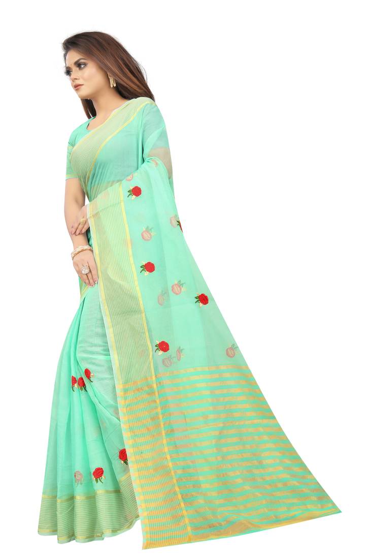 Kota Doria Blue Color Embroidered Kota Doria Saree