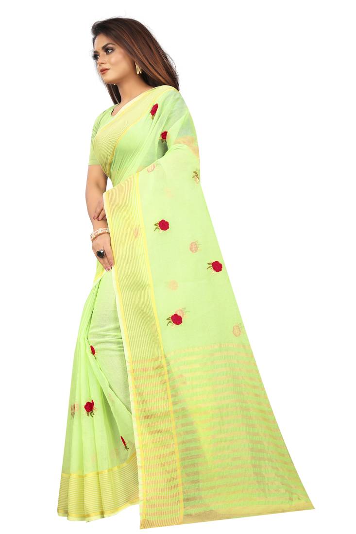 Kota Doria Perrot Green Color Embroidered Kota Doria Saree
