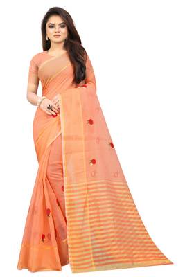 Kota Doria Orange Color Embroidered Kota Doria Saree 1