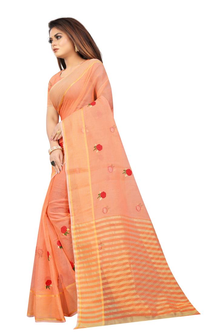 Kota Doria Orange Color Embroidered Kota Doria Saree