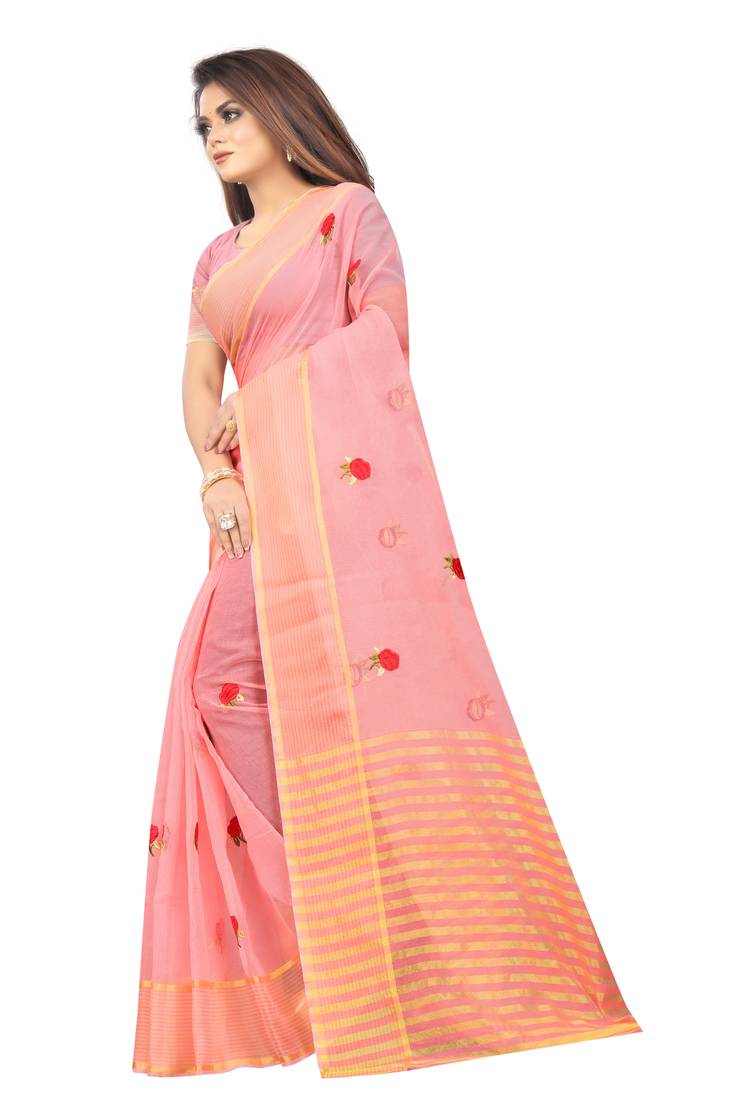 Kota Doria Peach Color Embroidered Kota Doria Saree