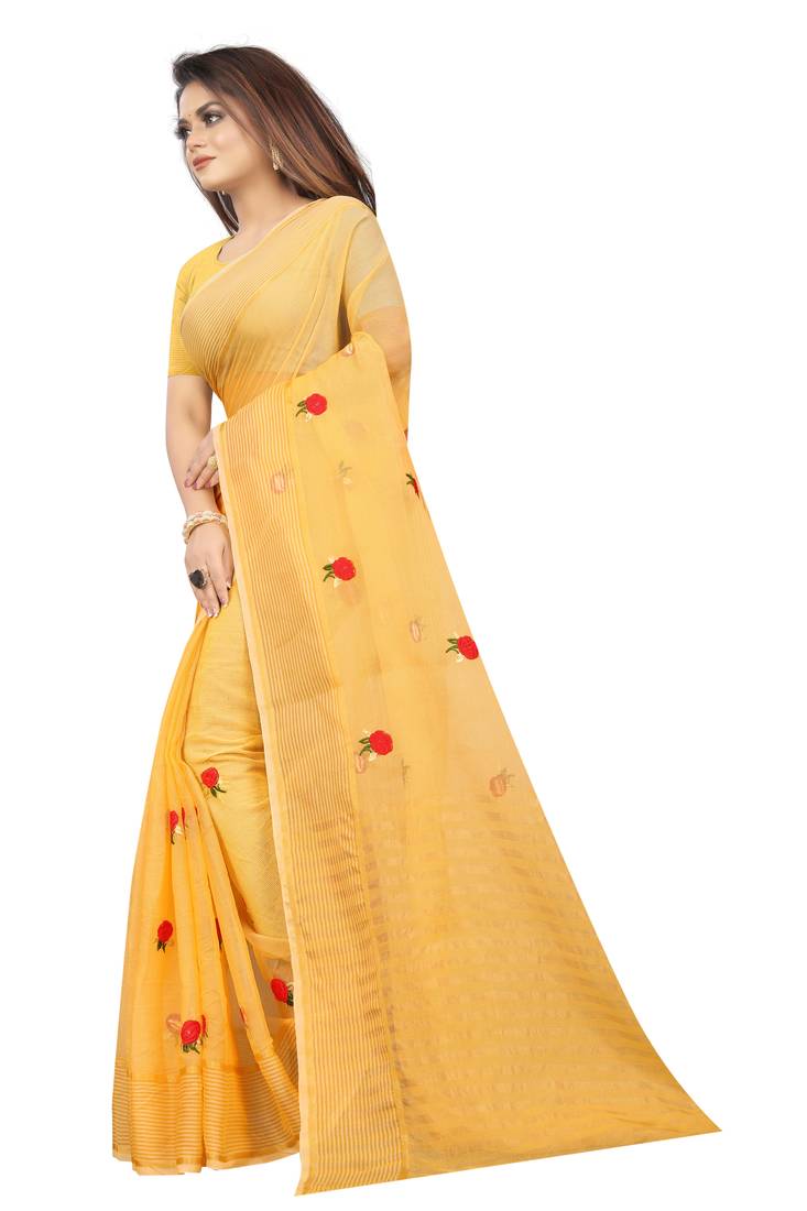 Kota Doria Yellow Color Embroidered Kota Doria Saree