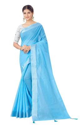 Cotton Silk Blue Color Solid Jari Patta Fashion Saree 1