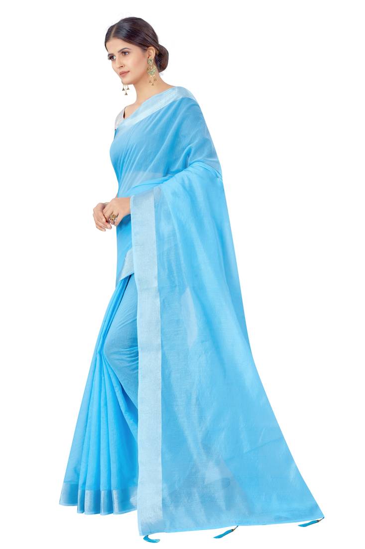 Cotton Silk Blue Color Solid Jari Patta Fashion Saree