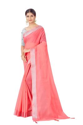 Cotton Silk Peach Color Solid Jari Patta Fashion Saree 1